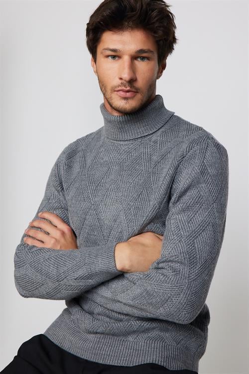 Slim Fit Dar Kesim Tam Balıkçı Yaka Desenli Gri Erkek Triko Kazak