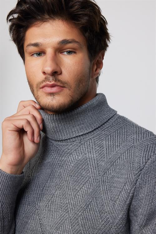 Slim Fit Dar Kesim Tam Balıkçı Yaka Desenli Gri Erkek Triko Kazak