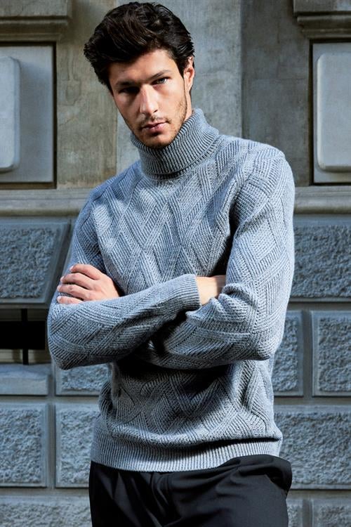 Slim Fit Dar Kesim Tam Balıkçı Yaka Desenli Gri Erkek Triko Kazak