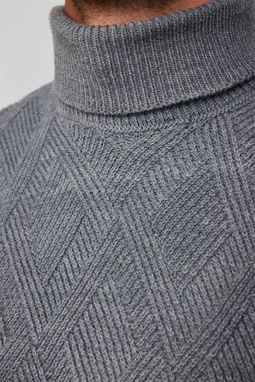 Slim Fit Dar Kesim Tam Balıkçı Yaka Desenli Gri Erkek Triko Kazak