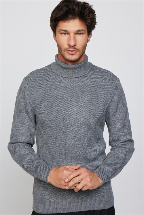Slim Fit Dar Kesim Tam Balıkçı Yaka Desenli Gri Erkek Triko Kazak
