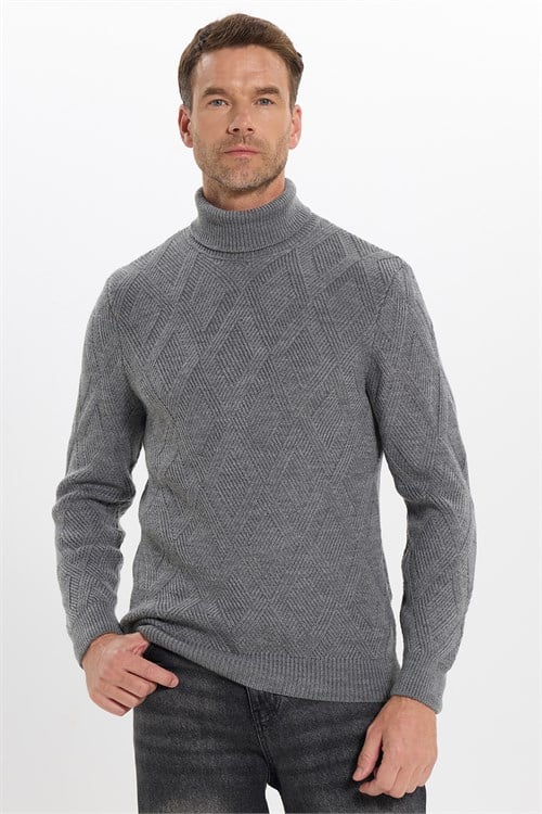 Slim Fit Dar Kesim Tam Balıkçı Yaka Desenli Gri Erkek Triko Kazak