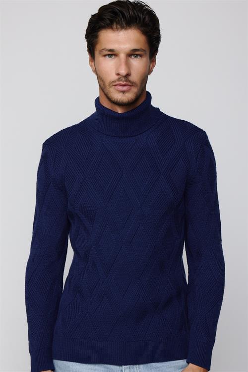Slim Fit Dar Kesim Tam Balıkçı Yaka Desenli Sax Mavi Erkek Triko Kazak