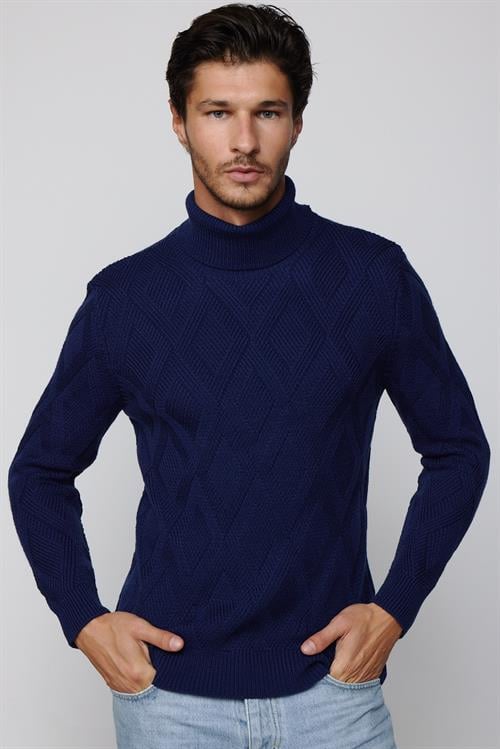 Slim Fit Dar Kesim Tam Balıkçı Yaka Desenli Sax Mavi Erkek Triko Kazak