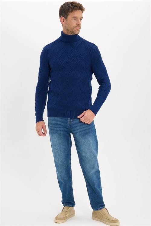 Slim Fit Dar Kesim Tam Balıkçı Yaka Desenli Sax Mavi Erkek Triko Kazak