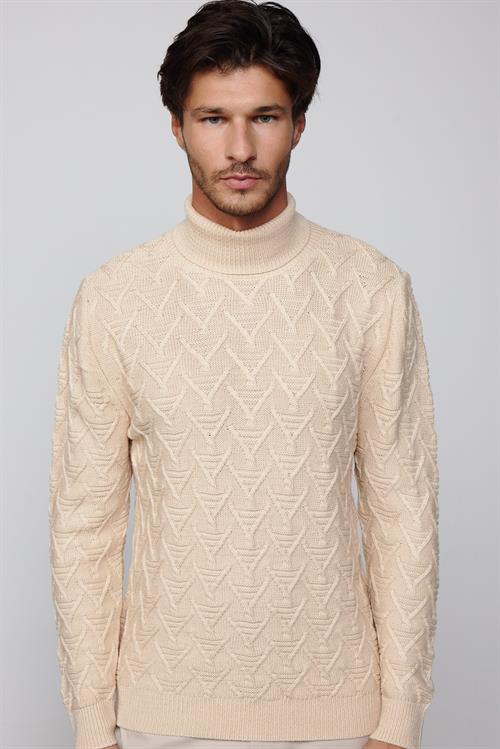 Slim Fit Dar Kesim Tam Balıkçı Yaka Desenli Bej Erkek Triko Kazak