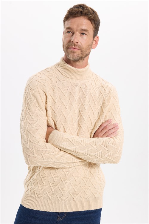 Slim Fit Dar Kesim Tam Balıkçı Yaka Desenli Bej Erkek Triko Kazak