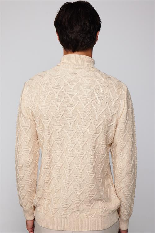 Slim Fit Dar Kesim Tam Balıkçı Yaka Desenli Bej Erkek Triko Kazak