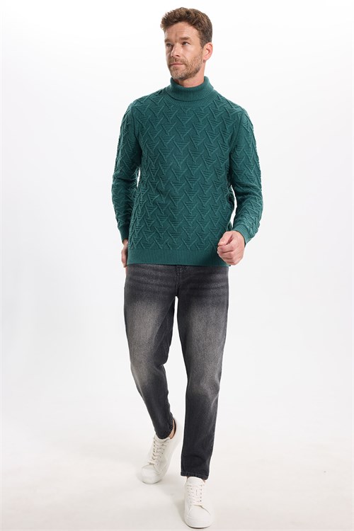 Slim Fit Dar Kesim Tam Balıkçı Yaka Desenli Erkek Triko Kazak