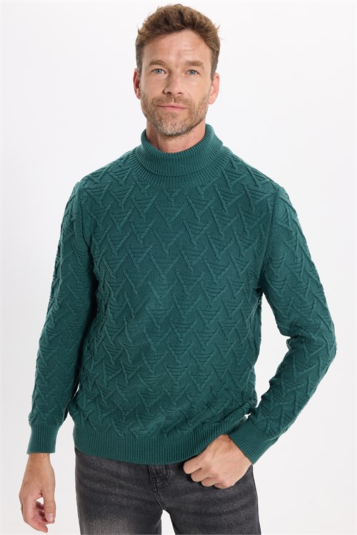 Slim Fit Dar Kesim Tam Balıkçı Yaka Desenli Erkek Triko Kazak