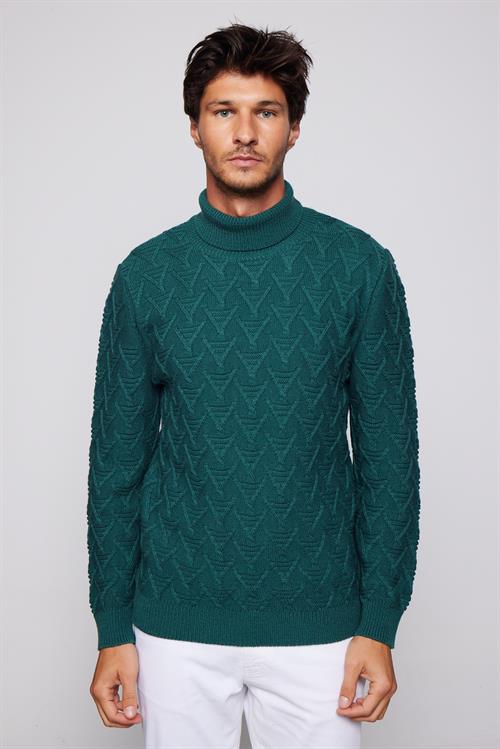 Slim Fit Dar Kesim Tam Balıkçı Yaka Desenli Erkek Triko Kazak