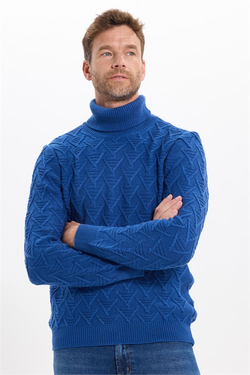 Slim Fit Dar Kesim Tam Balıkçı Yaka Desenli Lacivert Erkek Triko Kazak