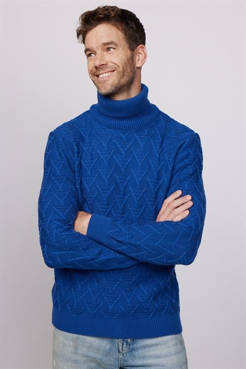 Slim Fit Dar Kesim Tam Balıkçı Yaka Desenli Lacivert Erkek Triko Kazak