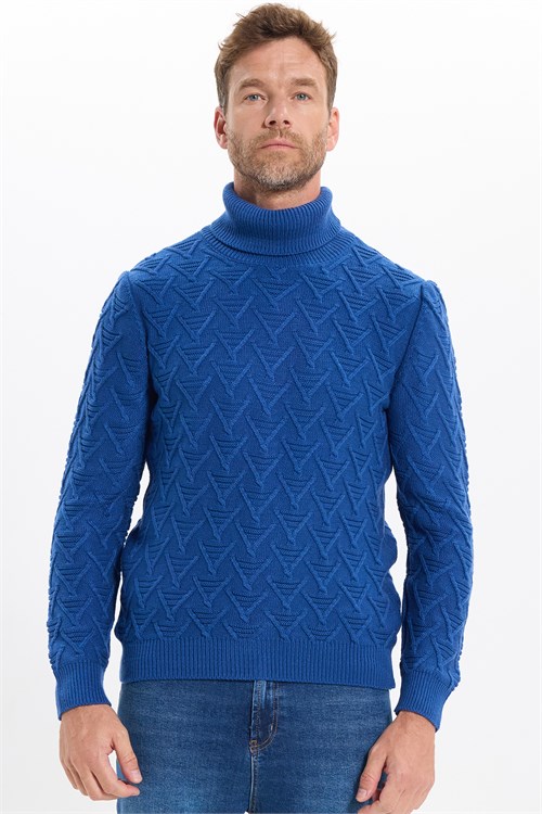 Slim Fit Dar Kesim Tam Balıkçı Yaka Desenli Lacivert Erkek Triko Kazak