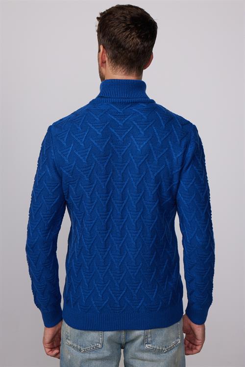 Slim Fit Dar Kesim Tam Balıkçı Yaka Desenli Lacivert Erkek Triko Kazak