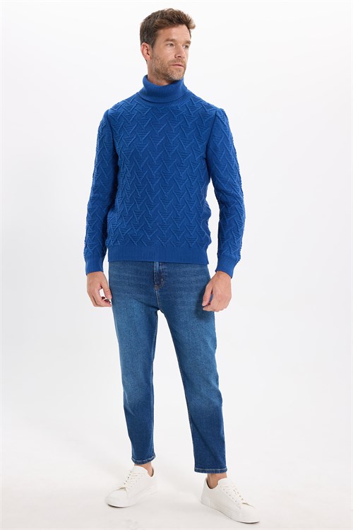 Slim Fit Dar Kesim Tam Balıkçı Yaka Desenli Lacivert Erkek Triko Kazak