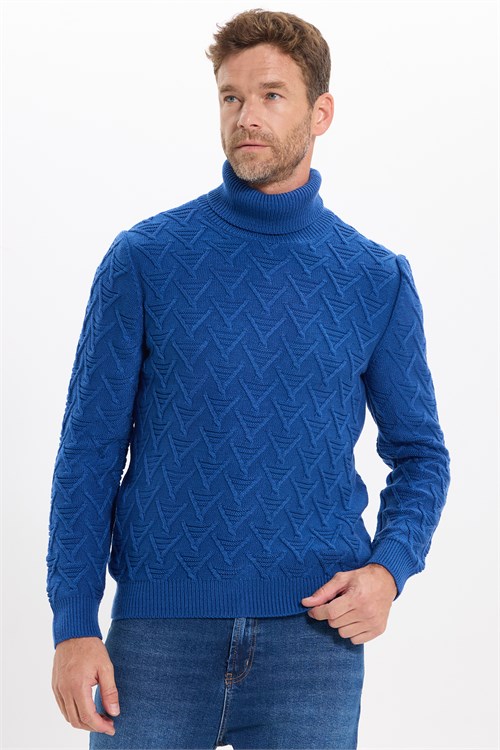 Slim Fit Dar Kesim Tam Balıkçı Yaka Desenli Lacivert Erkek Triko Kazak