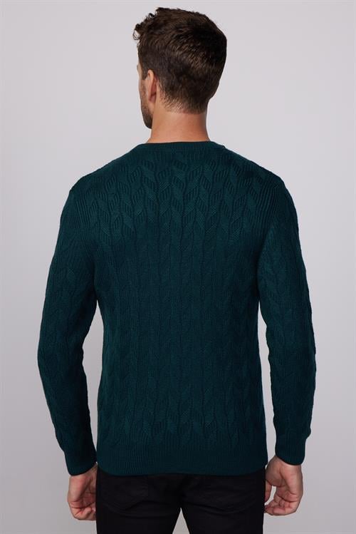 Erkek Slim Fit Bisiklet Yaka Desenli Yeşil Triko Kazak