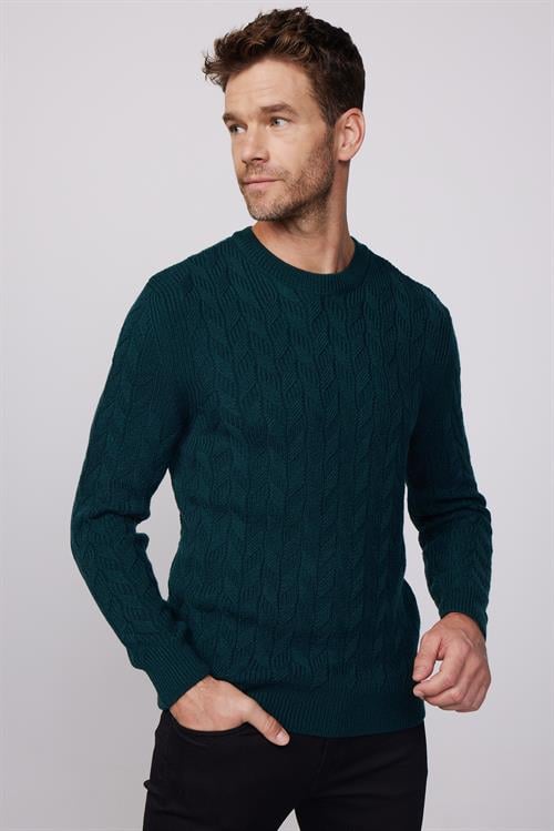 Erkek Slim Fit Bisiklet Yaka Desenli Yeşil Triko Kazak