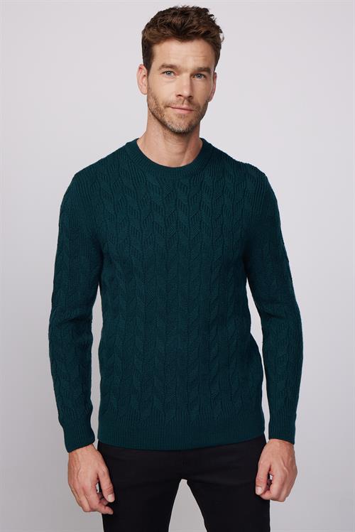 Erkek Slim Fit Bisiklet Yaka Desenli Yeşil Triko Kazak