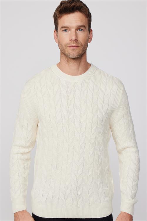 Slim Fit Bisiklet Yaka Desenli Ekru Erkek Triko Kazak