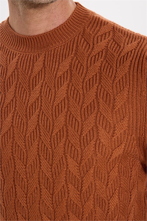 Slim Fit Bisiklet Yaka Desenli Tarçın Erkek Triko Kazak