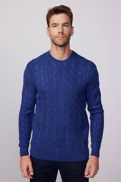 Erkek Slim Fit Bisiklet Yaka Desenli Lacivert Triko Kazak - 1 Alana 1 Bedava