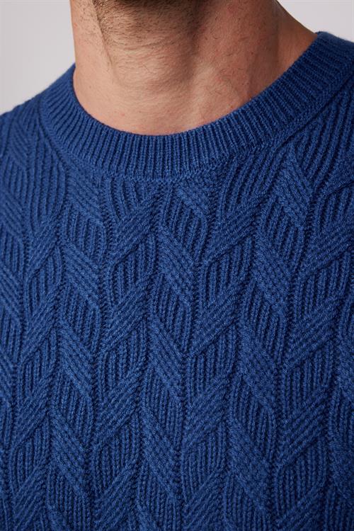 Erkek Slim Fit Bisiklet Yaka Desenli Lacivert Triko Kazak