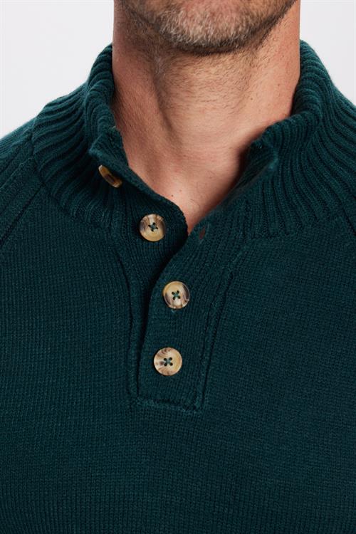 Erkek Slim Fit Dar Kesim Dik Yaka Düğmeli Triko Yeşil Triko Kazak