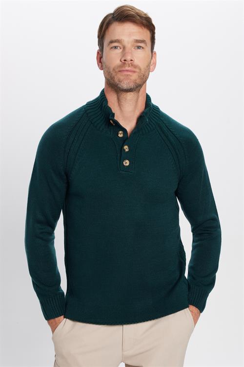 Erkek Slim Fit Dar Kesim Dik Yaka Düğmeli Triko Yeşil Triko Kazak