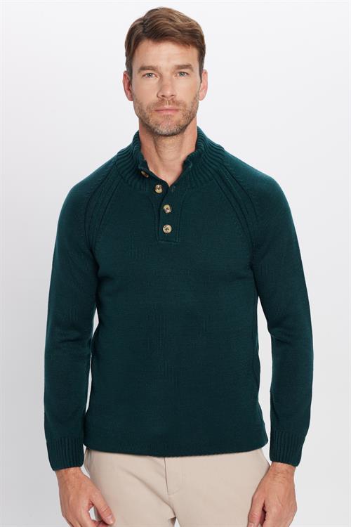 Erkek Slim Fit Dar Kesim Dik Yaka Düğmeli Triko Yeşil Triko Kazak