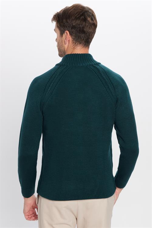Erkek Slim Fit Dar Kesim Dik Yaka Düğmeli Triko Yeşil Triko Kazak