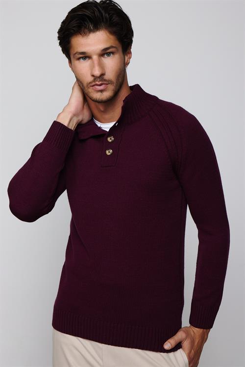 Erkek Slim Fit Dar Kesim Dik Yaka Düğmeli Bordo Triko Kazak