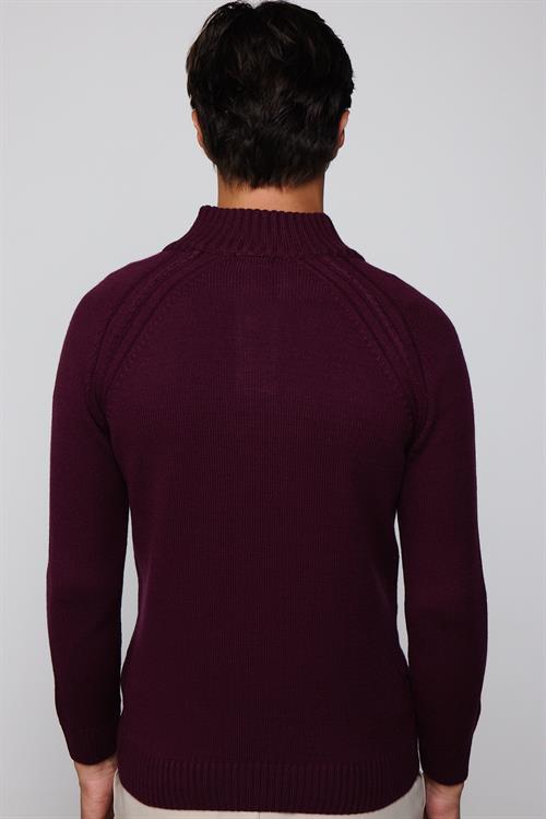 Erkek Slim Fit Dar Kesim Dik Yaka Düğmeli Bordo Triko Kazak