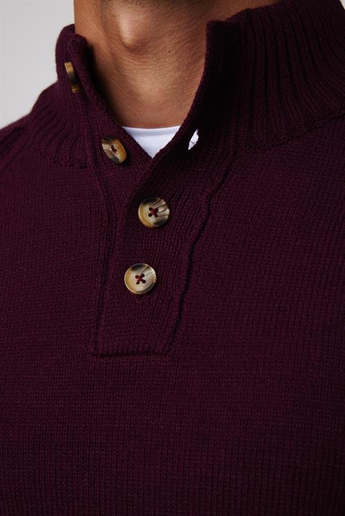 Erkek Slim Fit Dar Kesim Dik Yaka Düğmeli Bordo Triko Kazak