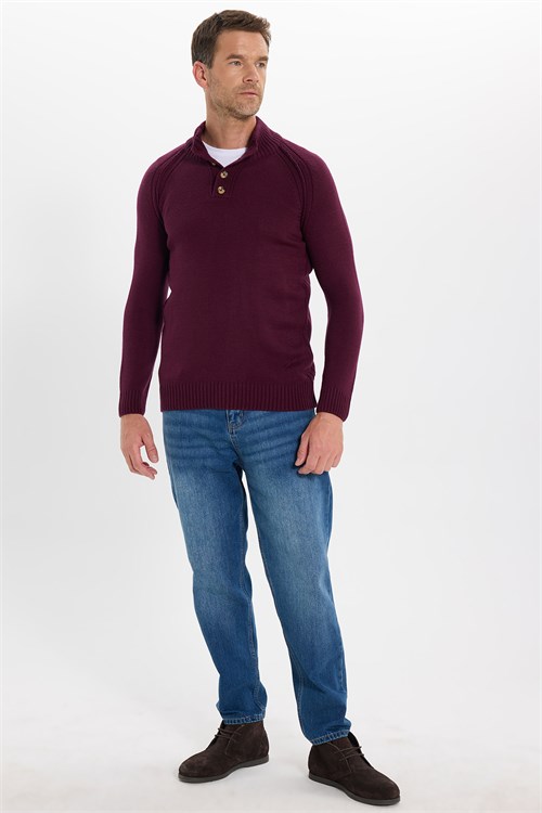 Erkek Slim Fit Dar Kesim Dik Yaka Düğmeli Bordo Triko Kazak