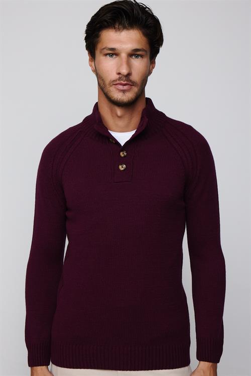 Erkek Slim Fit Dar Kesim Dik Yaka Düğmeli Bordo Triko Kazak