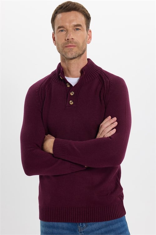 Erkek Slim Fit Dar Kesim Dik Yaka Düğmeli Bordo Triko Kazak