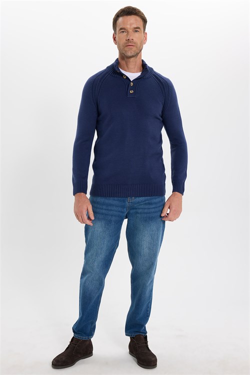Erkek Slim Fit Dar Kesim Dik Yaka Düğmeli Lacivert Triko Kazak