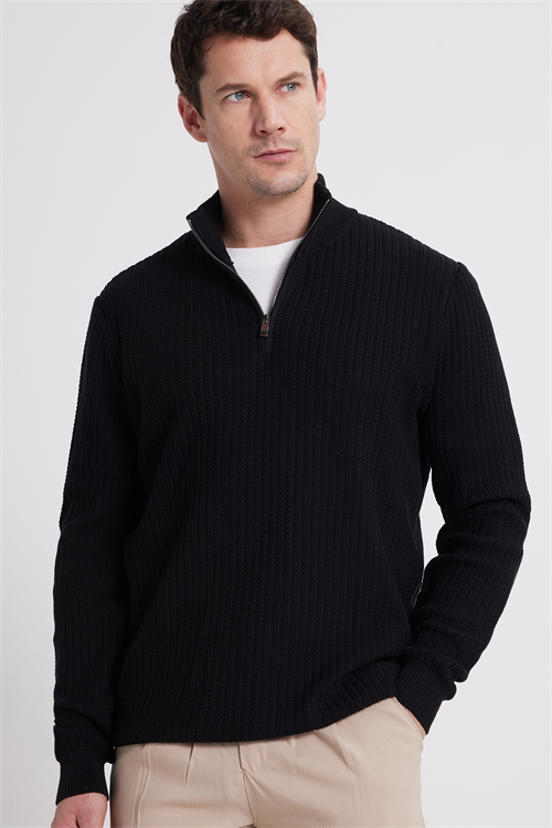 Erkek Slim Fit Dar Kesim Dik Yaka Fermuarlı Siyah Kazak