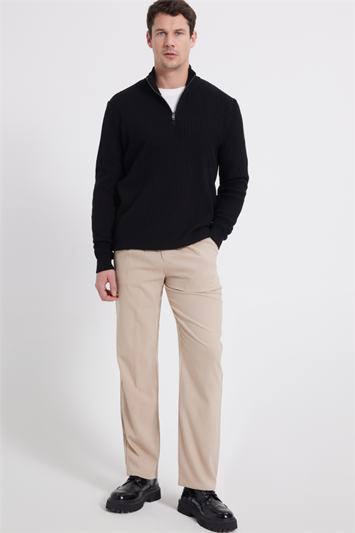 Erkek Slim Fit Dar Kesim Dik Yaka Fermuarlı Siyah Kazak