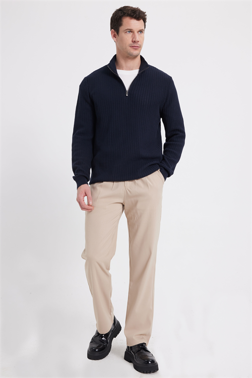 Erkek Slim Fit Dar Kesim Dik Yaka Fermuarlı Desenli Lacivert Triko Kazak