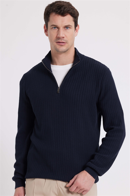 Erkek Slim Fit Dar Kesim Dik Yaka Fermuarlı Desenli Lacivert Triko Kazak