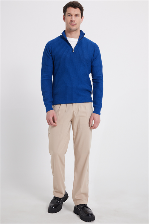 Slim Fit Dar Kesim Dik Yaka Fermuarlı Desenli Saks Mavi Erkek Triko Kazak