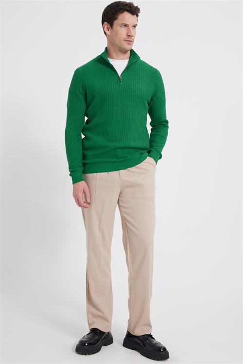 Erkek Slim Fit Dar Kesim Dik Yaka Fermuarlı Yeşil Kazak
