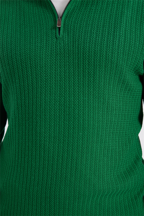 Erkek Slim Fit Dar Kesim Dik Yaka Fermuarlı Yeşil Kazak