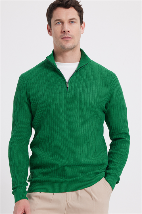 Erkek Slim Fit Dar Kesim Dik Yaka Fermuarlı Yeşil Kazak