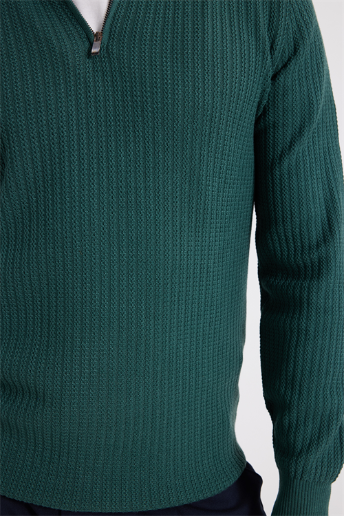 Slim Fit Dar Kesim Dik Yaka Fermuarlı Desenli Yeşil Erkek Triko Kazak
