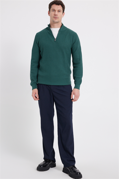 Slim Fit Dar Kesim Dik Yaka Fermuarlı Desenli Yeşil Erkek Triko Kazak