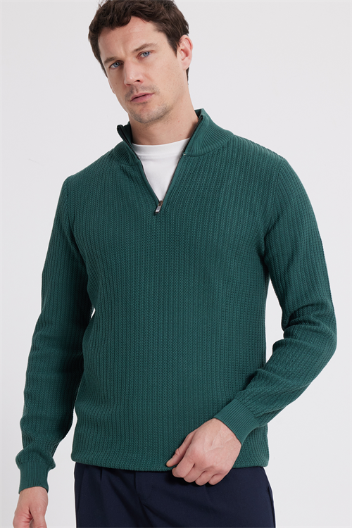 Slim Fit Dar Kesim Dik Yaka Fermuarlı Desenli Yeşil Erkek Triko Kazak